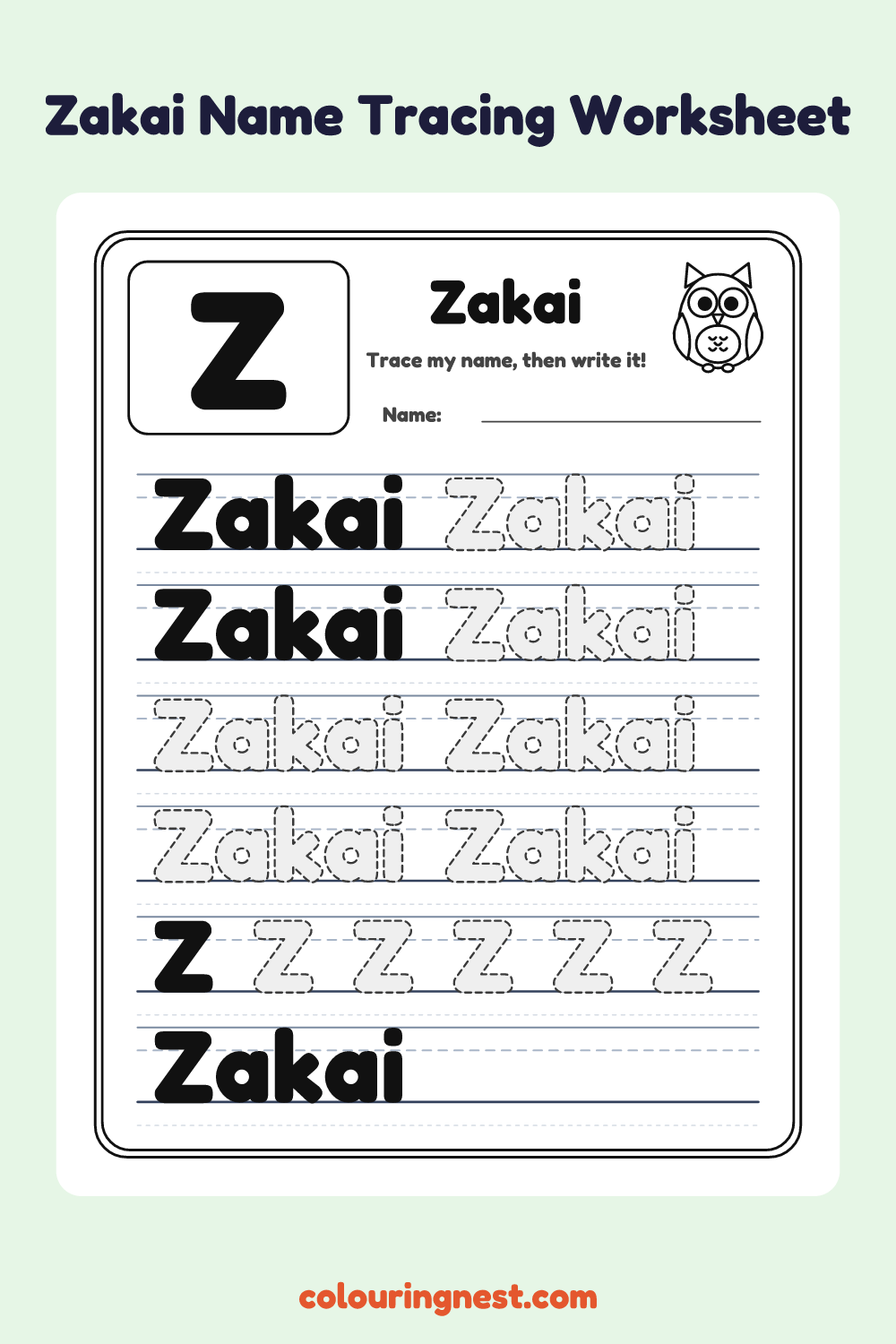 Zakai Name Tracing Worksheet: free printable black-and-white line art