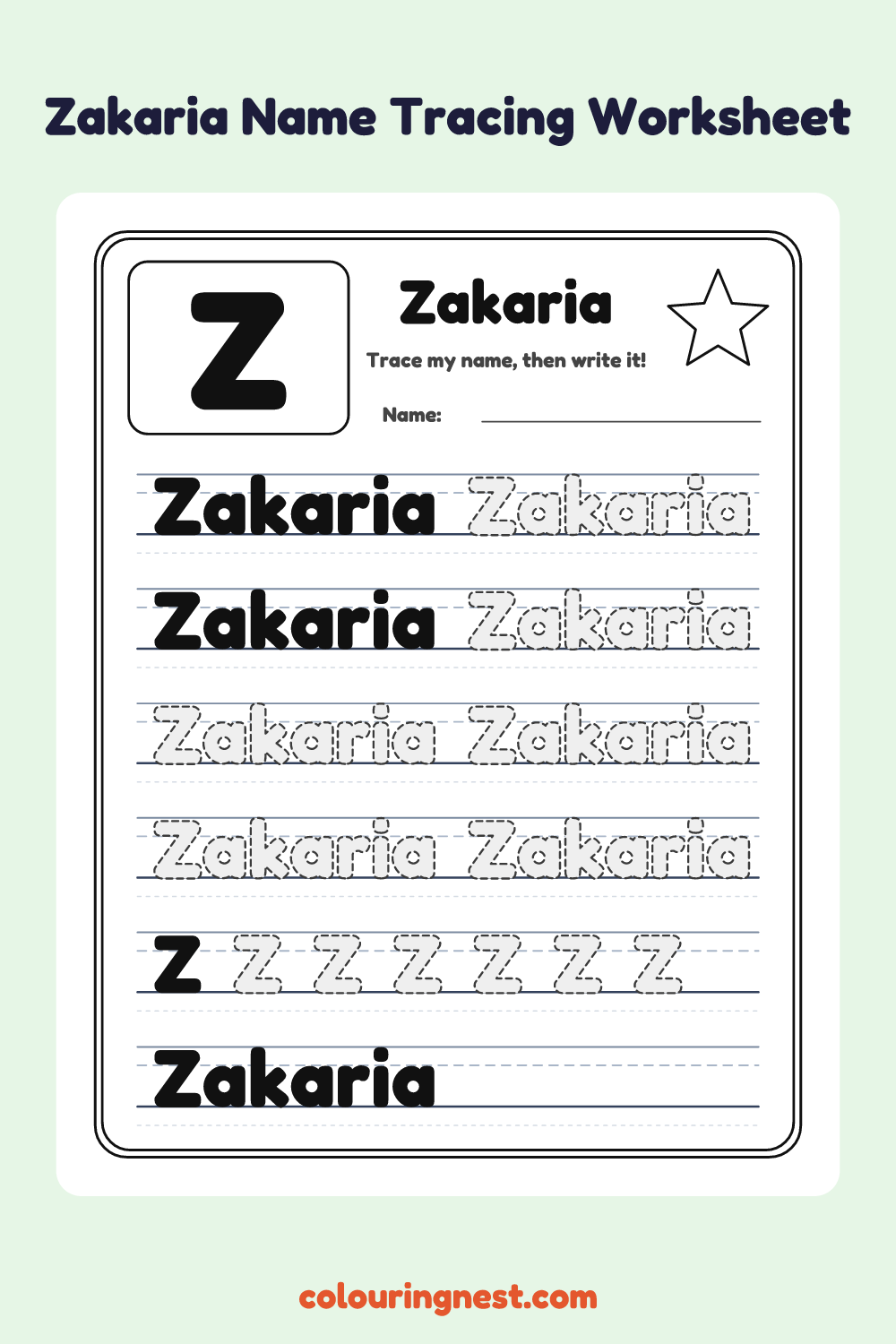 Zakaria Name Tracing Worksheet: free printable black-and-white line art