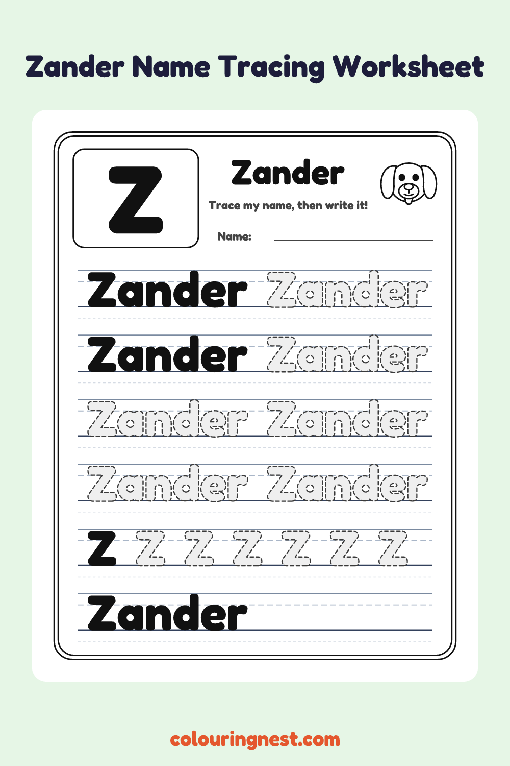Zander Name Tracing Worksheet: free printable black-and-white line art