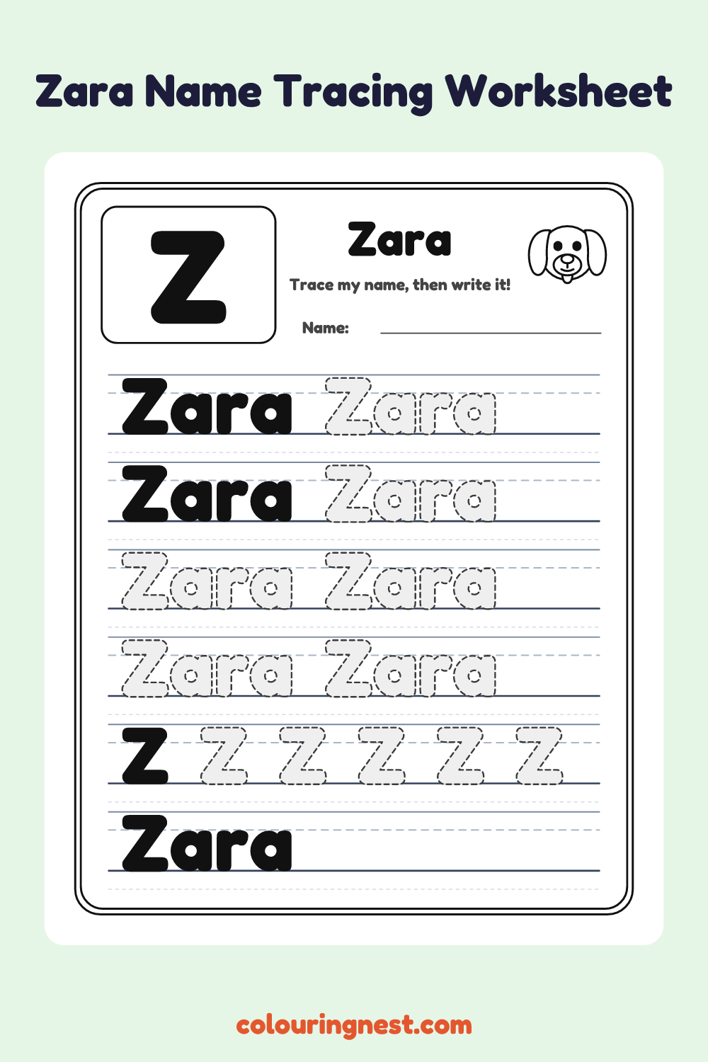 Zara Name Tracing Worksheet: free printable black-and-white line art