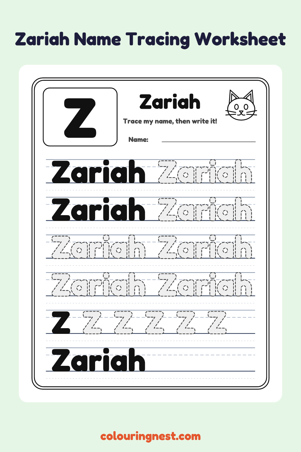 Zariah Name Tracing Worksheet: free printable black-and-white line art