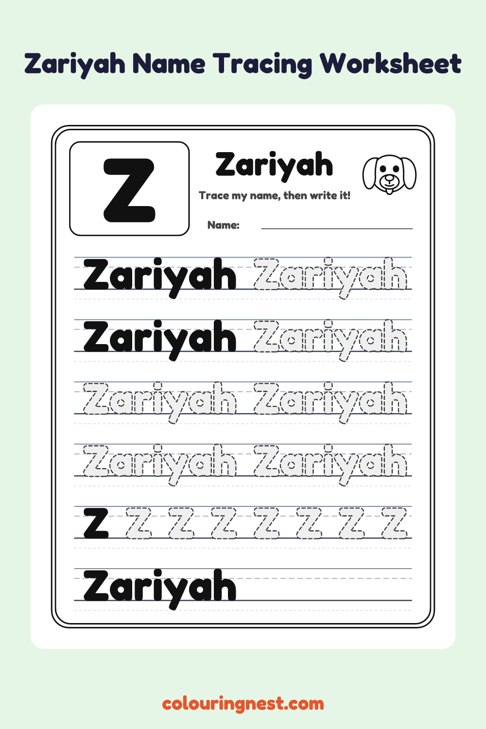 Zariyah Name Tracing Worksheet: free printable black-and-white line art