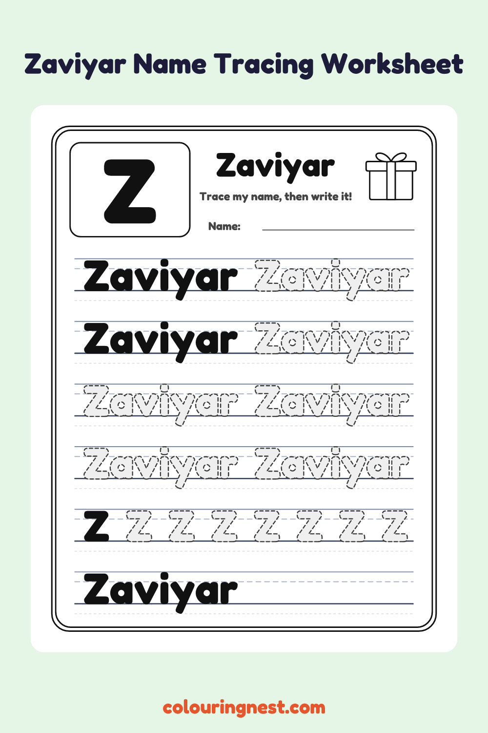 Zaviyar Name Tracing Worksheet: free printable black-and-white line art