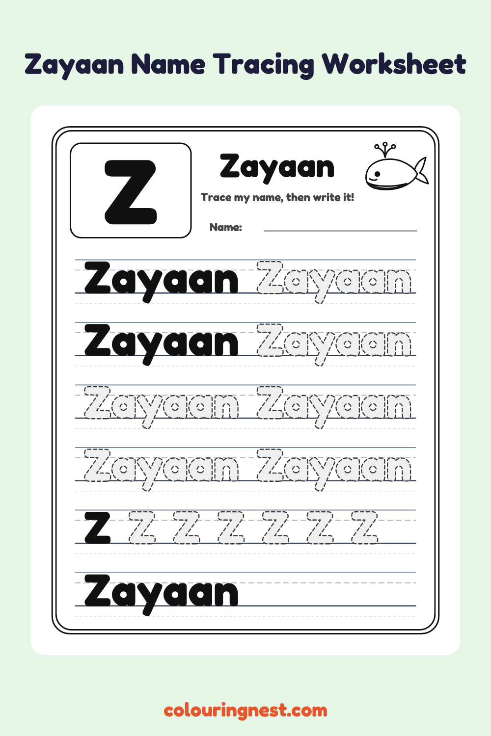 Zayaan Name Tracing Worksheet: free printable black-and-white line art