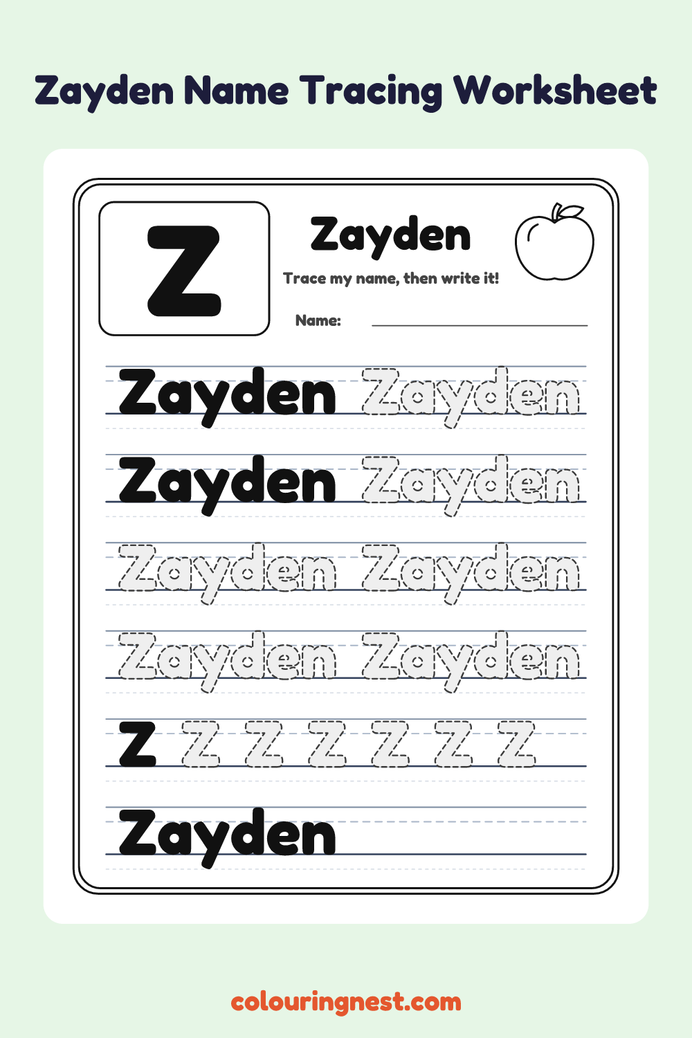 Zayden Name Tracing Worksheet: free printable black-and-white line art