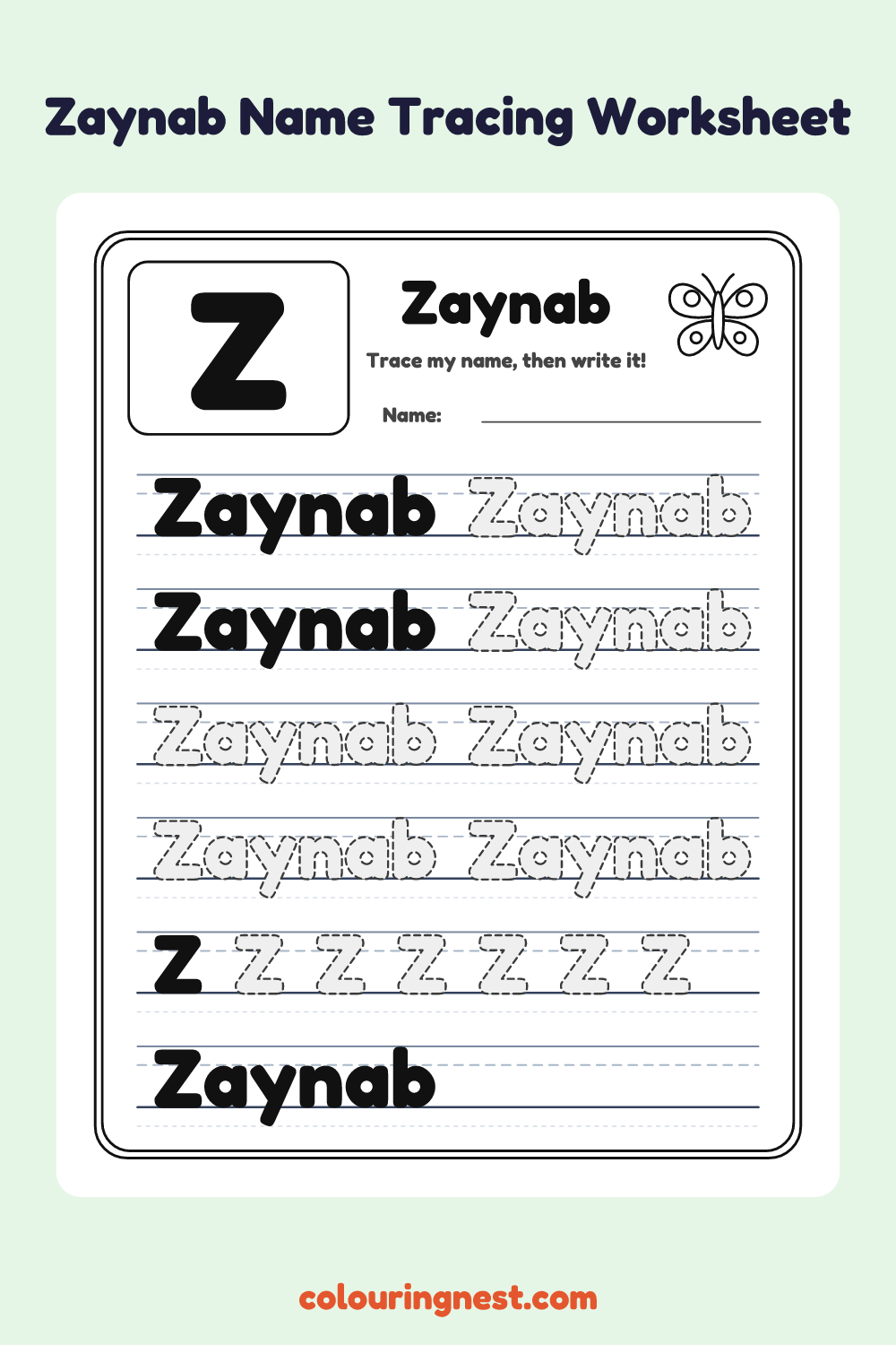 Zaynab Name Tracing Worksheet: free printable black-and-white line art