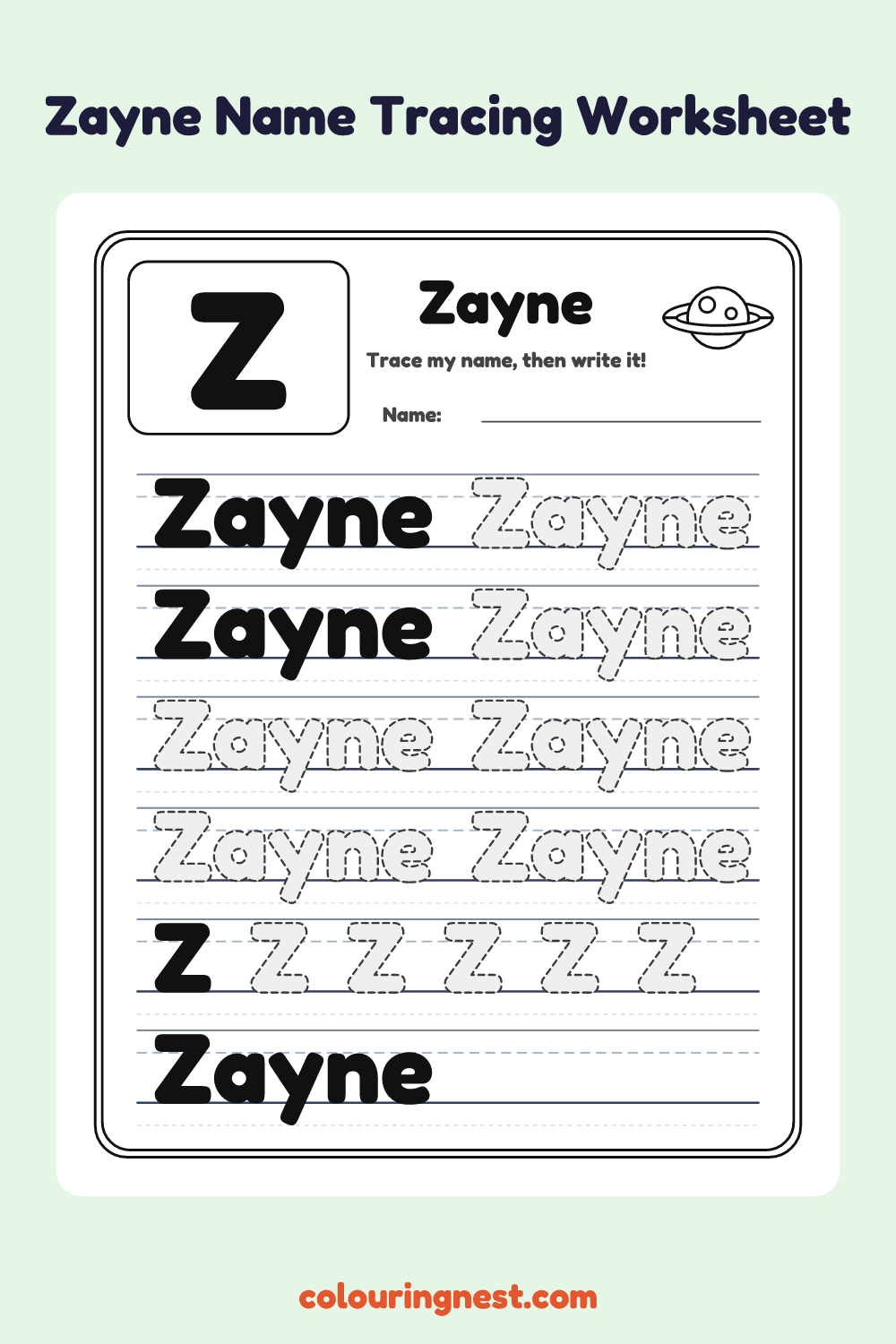Zayne Name Tracing Worksheet: free printable black-and-white line art