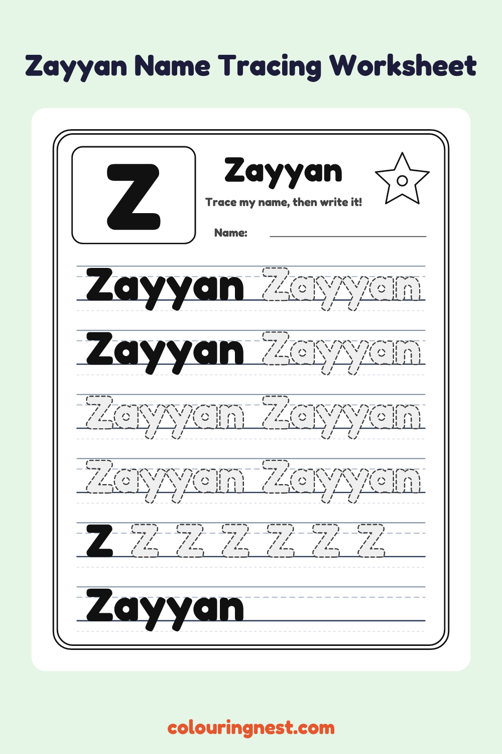 Zayyan Name Tracing Worksheet: free printable black-and-white line art