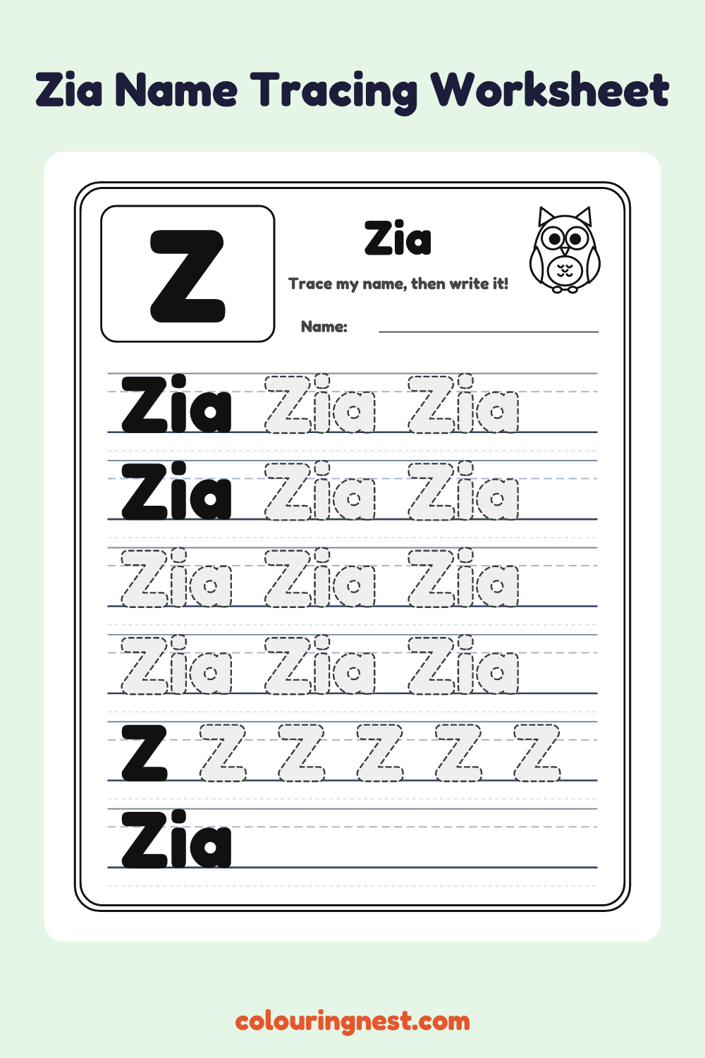 Zia Name Tracing Worksheet: free printable black-and-white line art