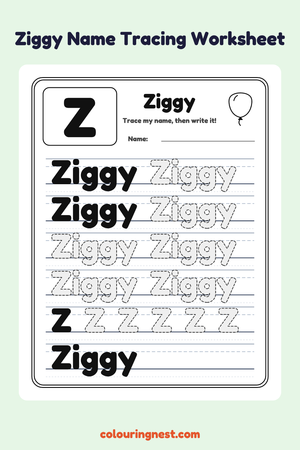 Ziggy Name Tracing Worksheet: free printable black-and-white line art