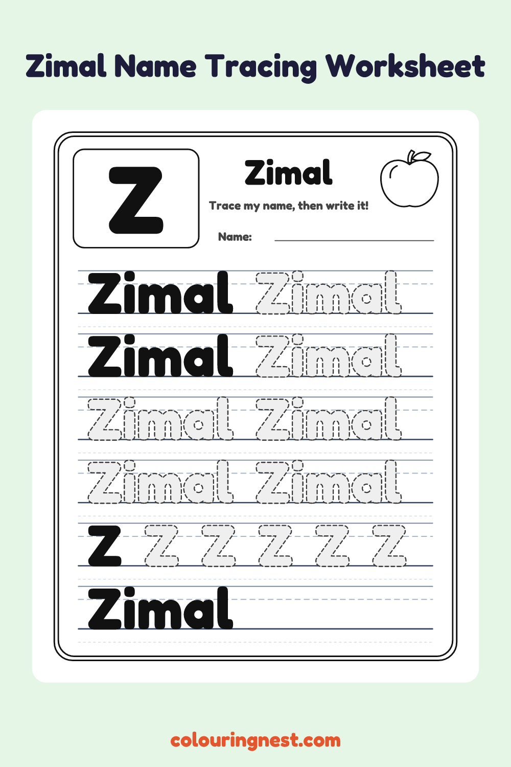 Zimal Name Tracing Worksheet: free printable black-and-white line art