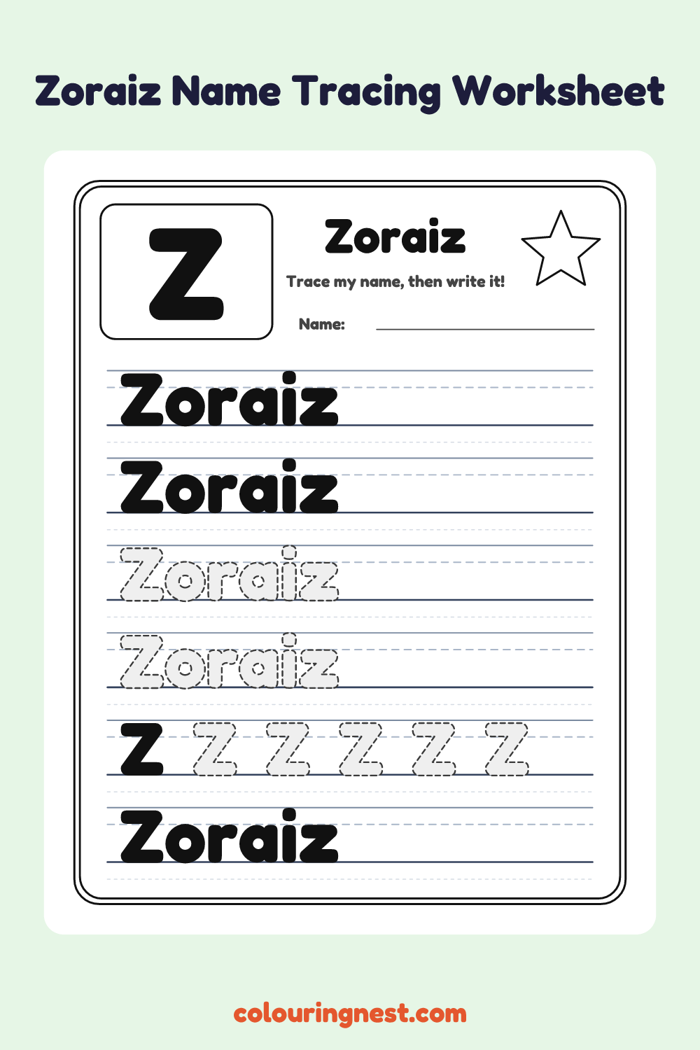 Zoraiz Name Tracing Worksheet: free printable black-and-white line art