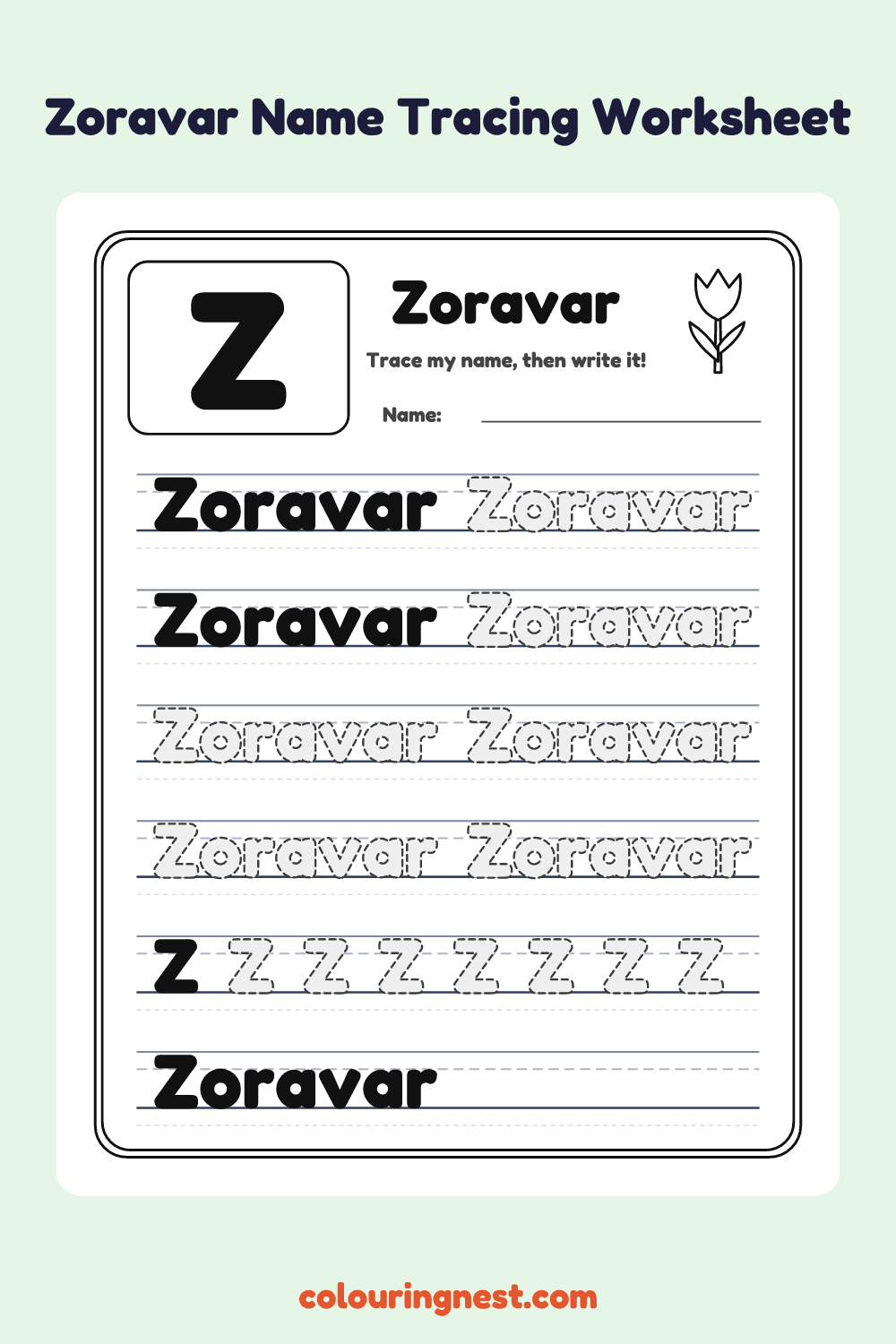 Zoravar Name Tracing Worksheet: free printable black-and-white line art