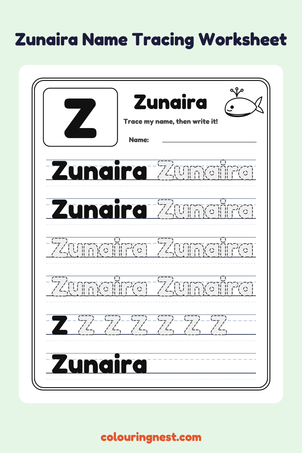 Zunaira Name Tracing Worksheet: free printable black-and-white line art