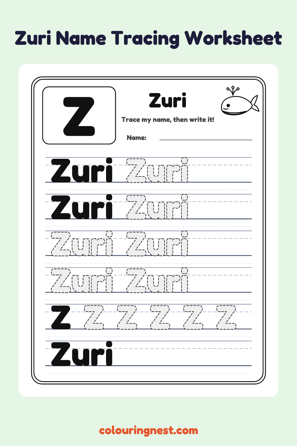 Zuri Name Tracing Worksheet: free printable black-and-white line art