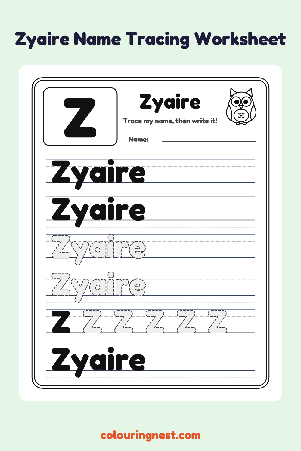 Zyaire Name Tracing Worksheet: free printable black-and-white line art