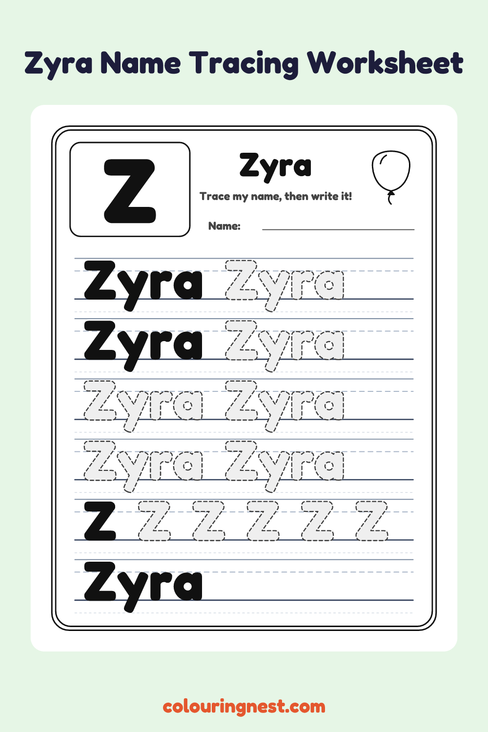 Zyra Name Tracing Worksheet: free printable black-and-white line art