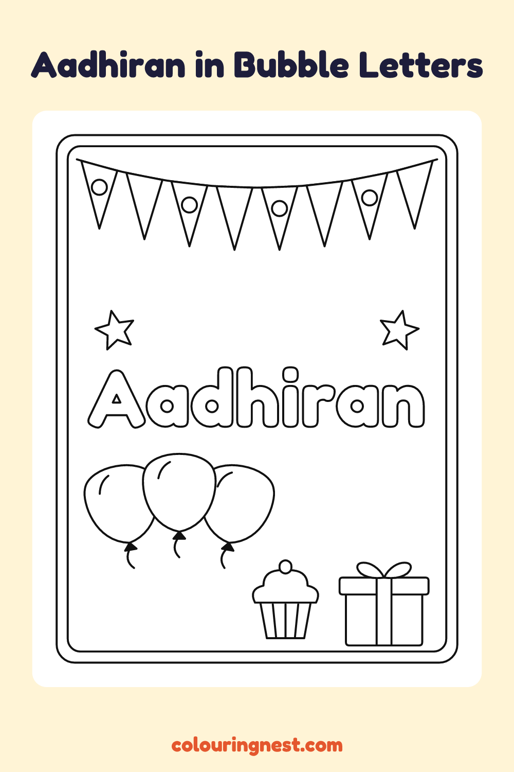Aadhiran in Bubble Letters coloring page: free printable black-and-white line art