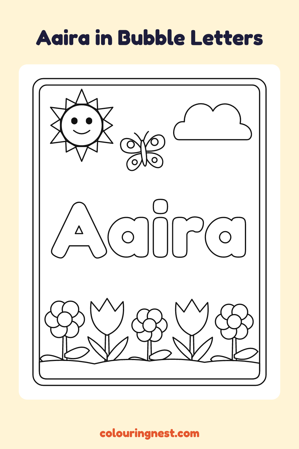 Aaira in Bubble Letters coloring page: free printable black-and-white line art