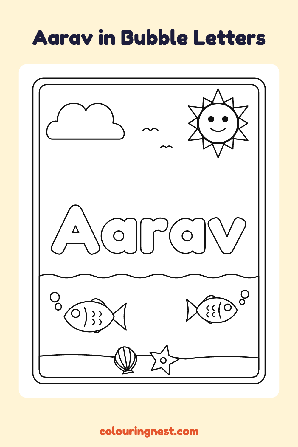 Aarav in Bubble Letters coloring page: free printable black-and-white line art