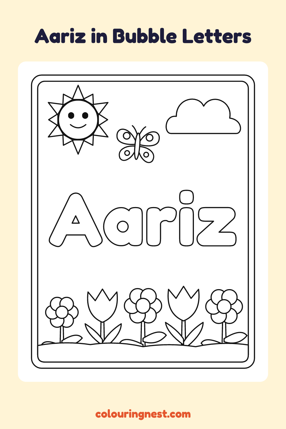 Aariz in Bubble Letters coloring page: free printable black-and-white line art