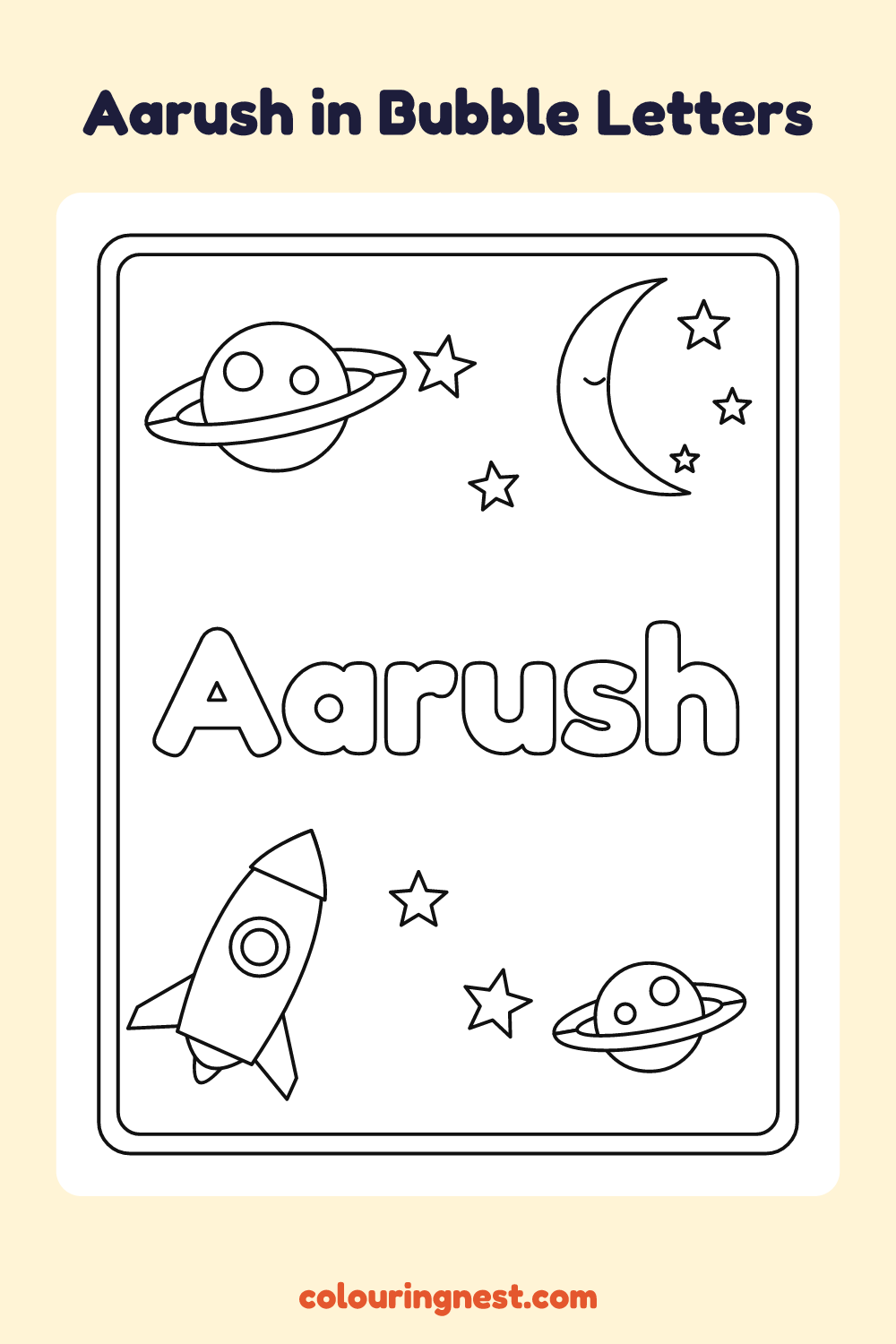 Aarush in Bubble Letters coloring page: free printable black-and-white line art