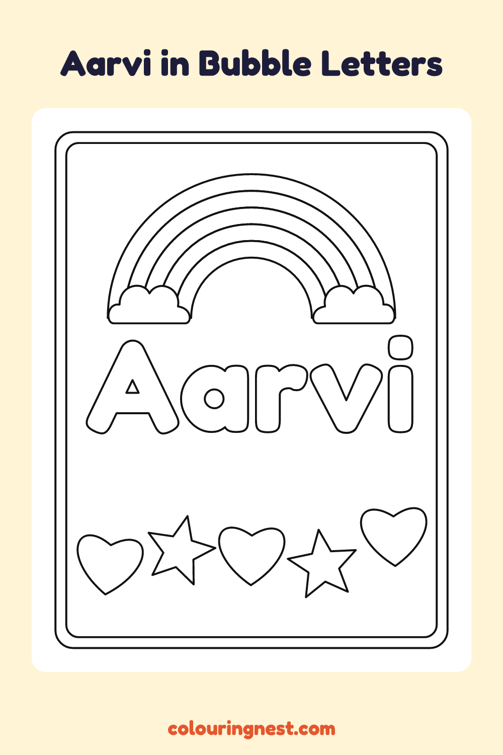 Aarvi in Bubble Letters coloring page: free printable black-and-white line art