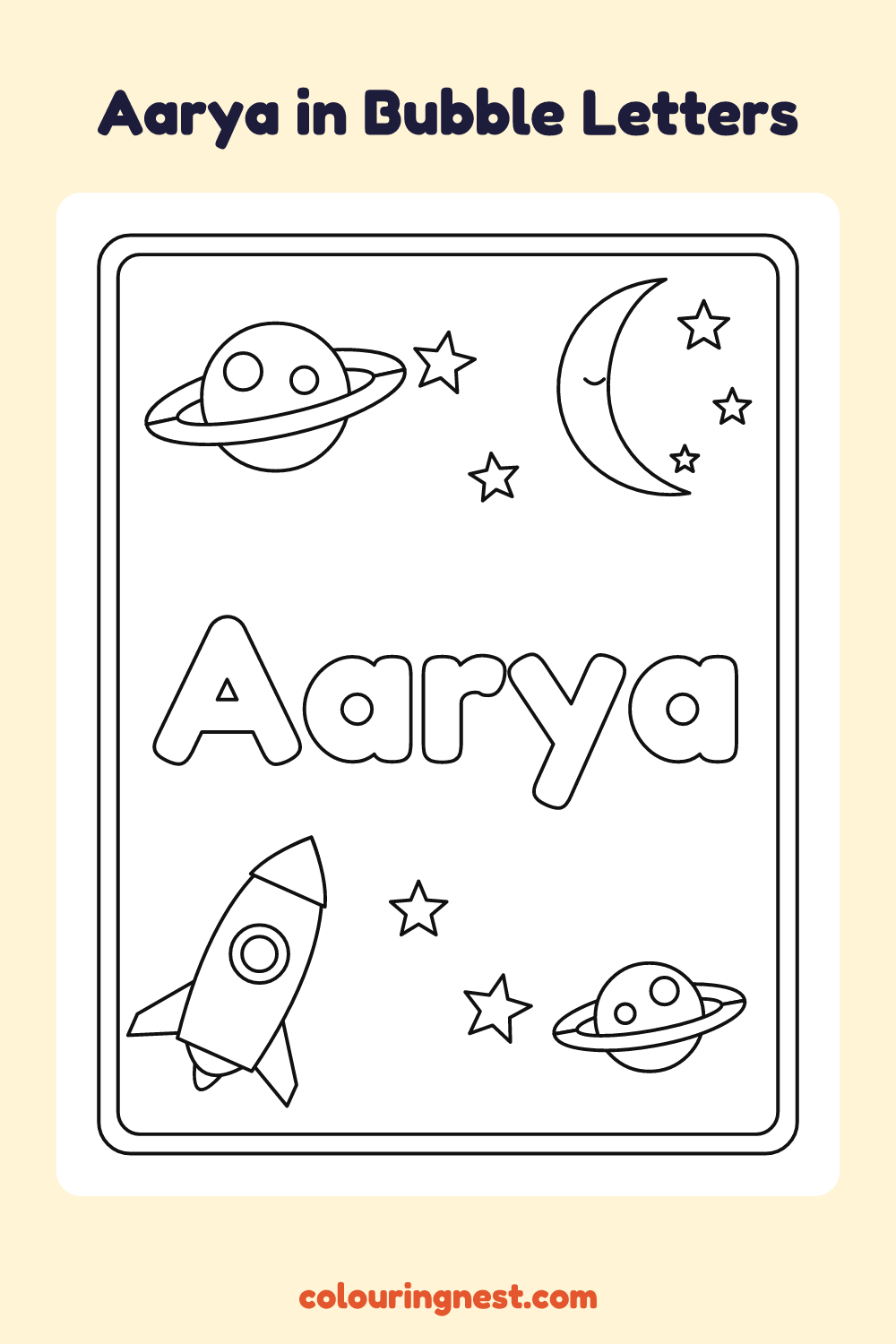 Aarya in Bubble Letters coloring page: free printable black-and-white line art