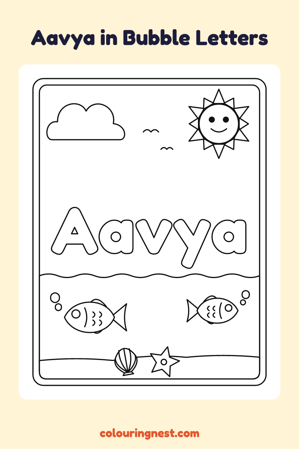 Aavya in Bubble Letters coloring page: free printable black-and-white line art