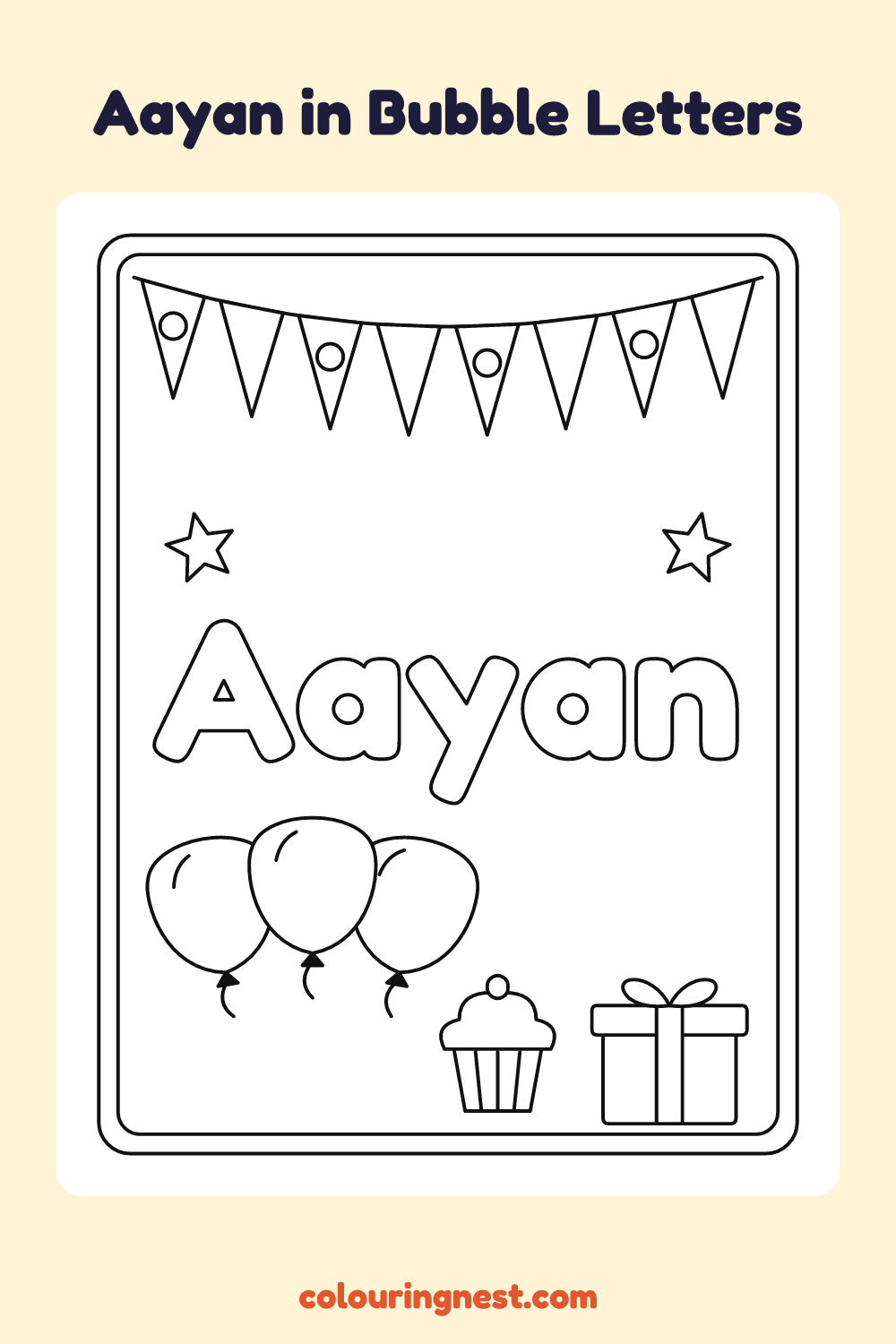 Aayan in Bubble Letters coloring page: free printable black-and-white line art