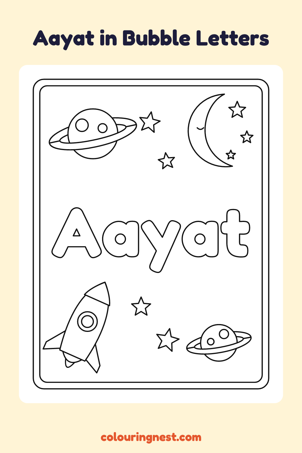Aayat in Bubble Letters coloring page: free printable black-and-white line art