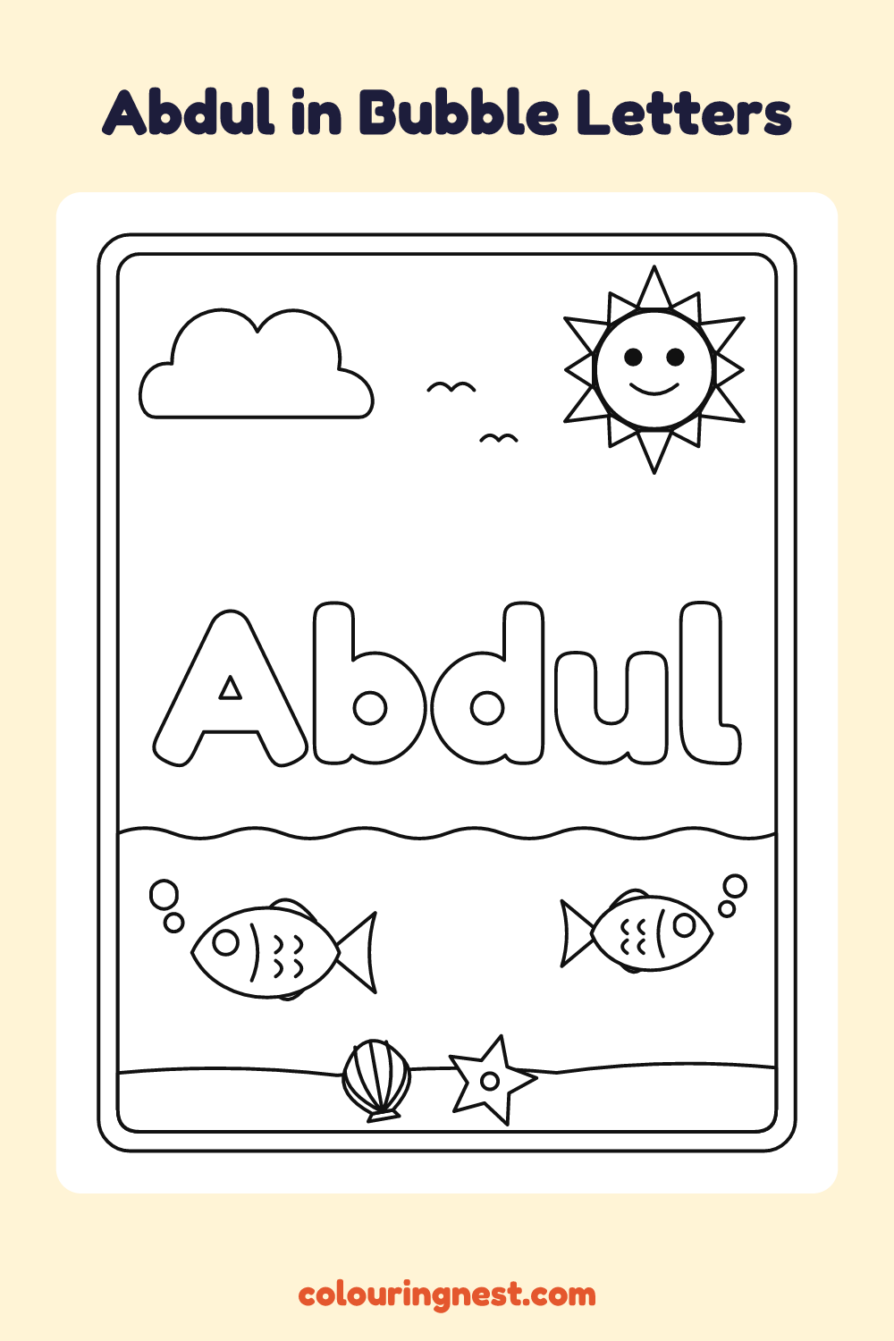 Abdul in Bubble Letters coloring page: free printable black-and-white line art