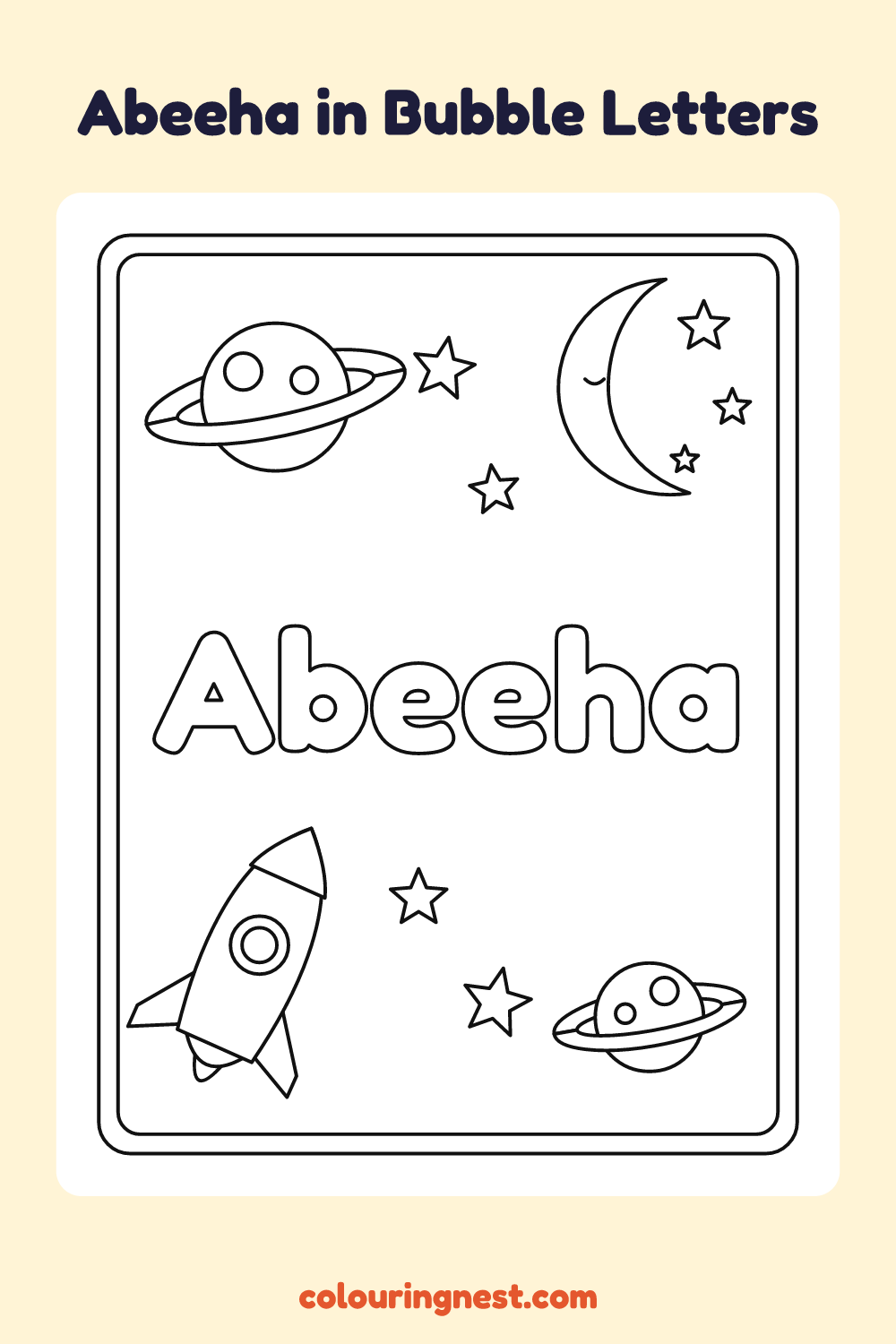 Abeeha in Bubble Letters coloring page: free printable black-and-white line art