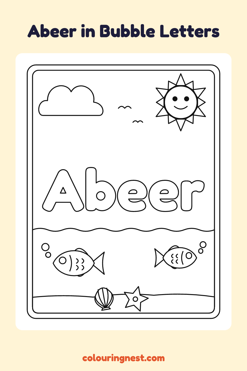 Abeer in Bubble Letters coloring page: free printable black-and-white line art