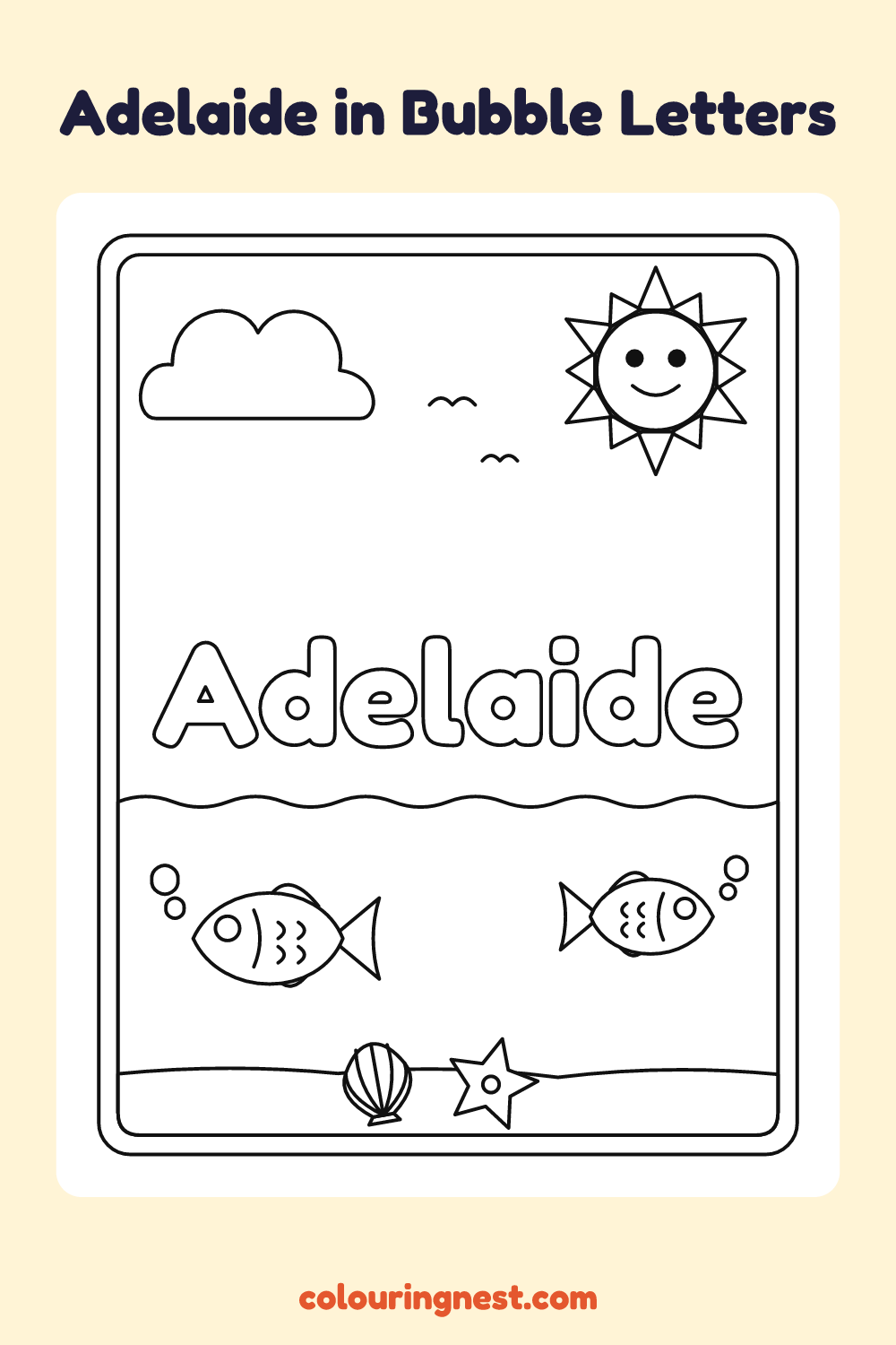 Adelaide in Bubble Letters coloring page: free printable black-and-white line art
