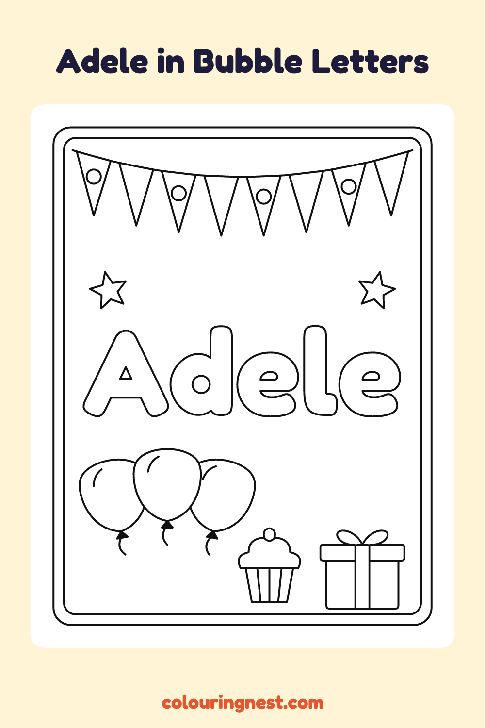 Adele in Bubble Letters coloring page: free printable black-and-white line art