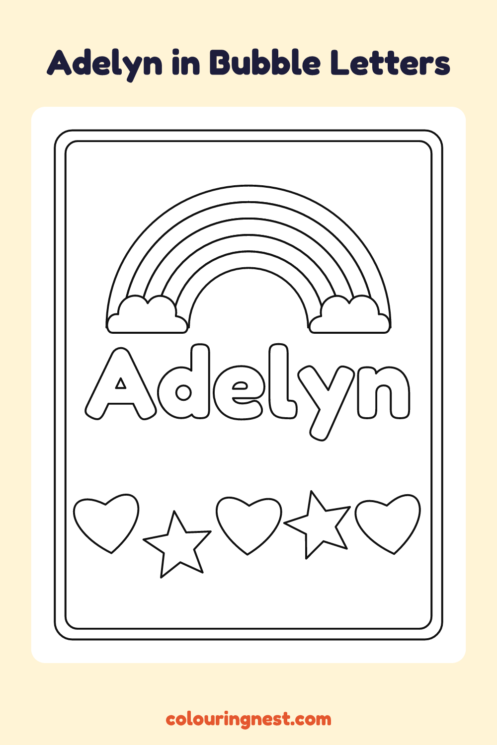Adelyn in Bubble Letters coloring page: free printable black-and-white line art