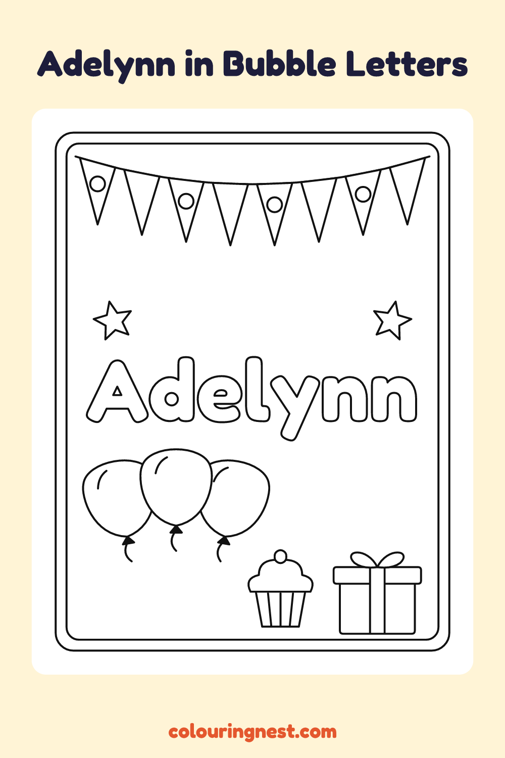 Adelynn in Bubble Letters coloring page: free printable black-and-white line art