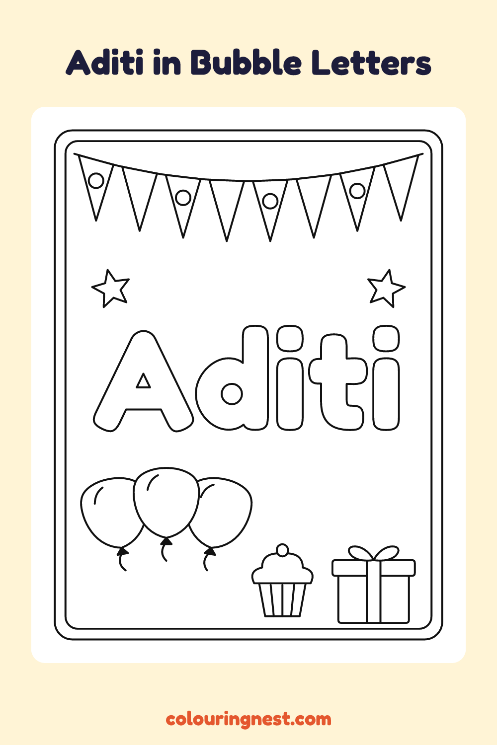 Aditi in Bubble Letters coloring page: free printable black-and-white line art