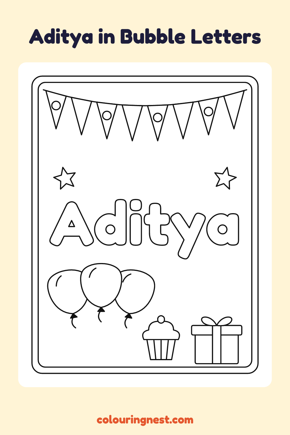 Aditya in Bubble Letters coloring page: free printable black-and-white line art