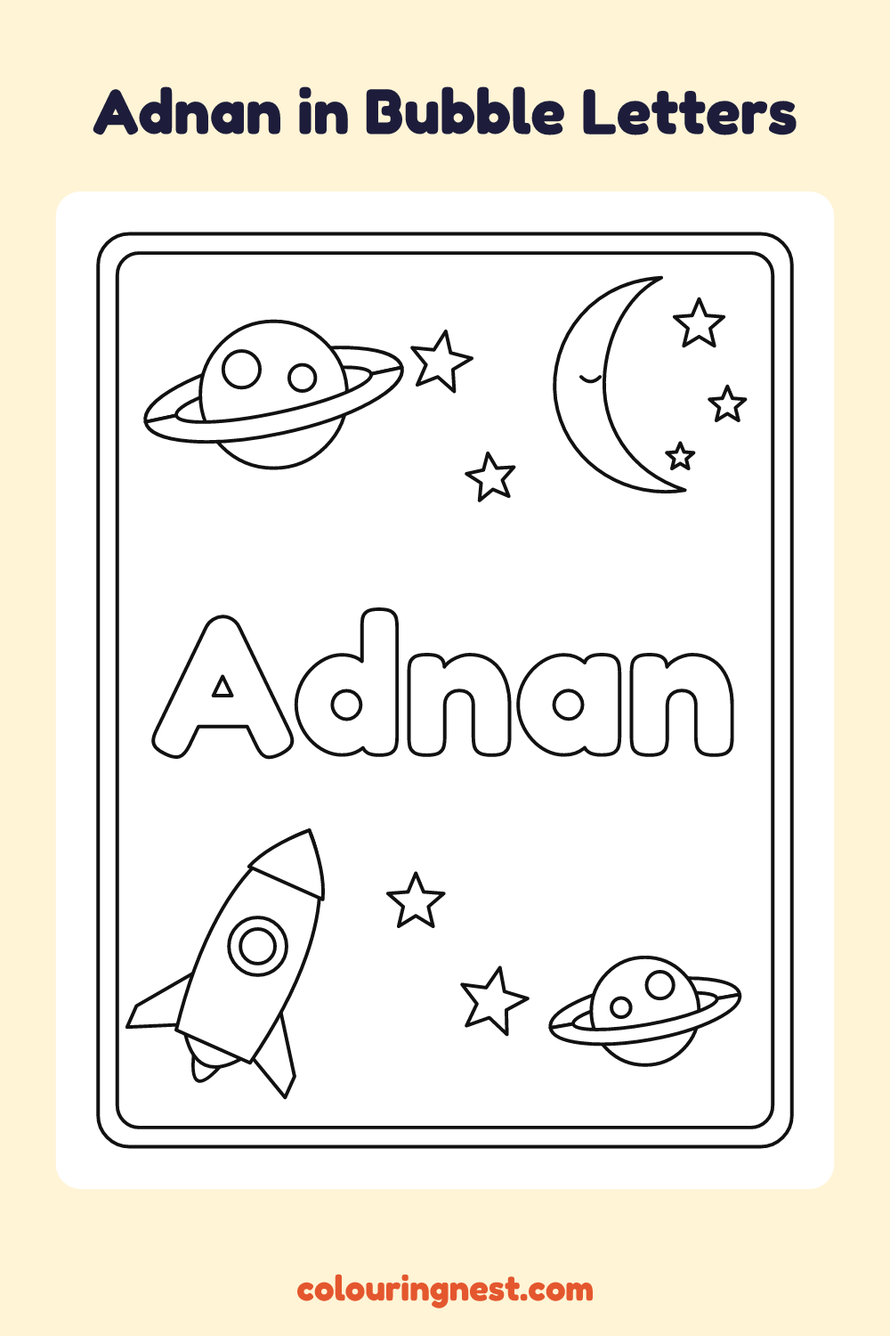 Adnan in Bubble Letters coloring page: free printable black-and-white line art
