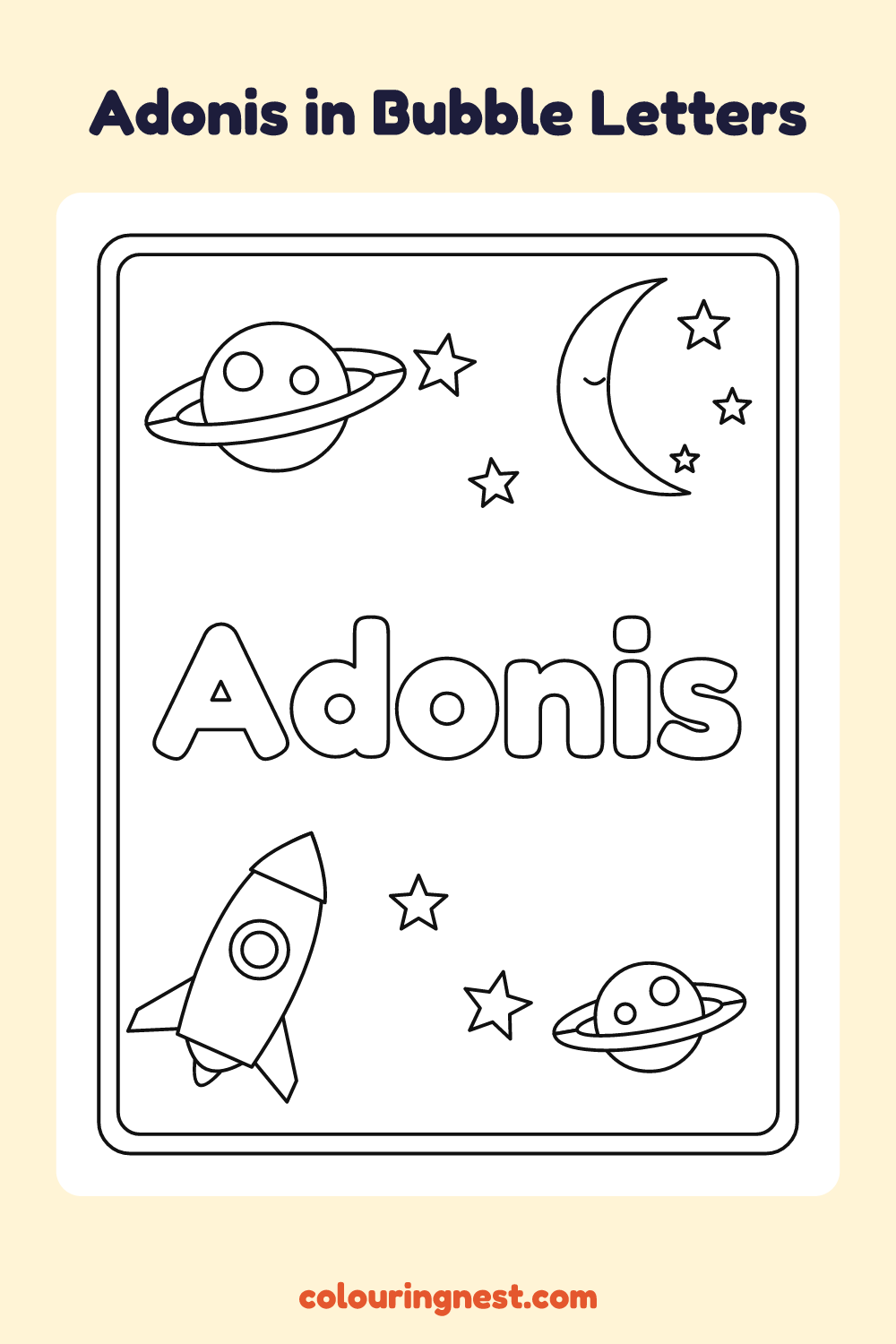 Adonis in Bubble Letters coloring page: free printable black-and-white line art
