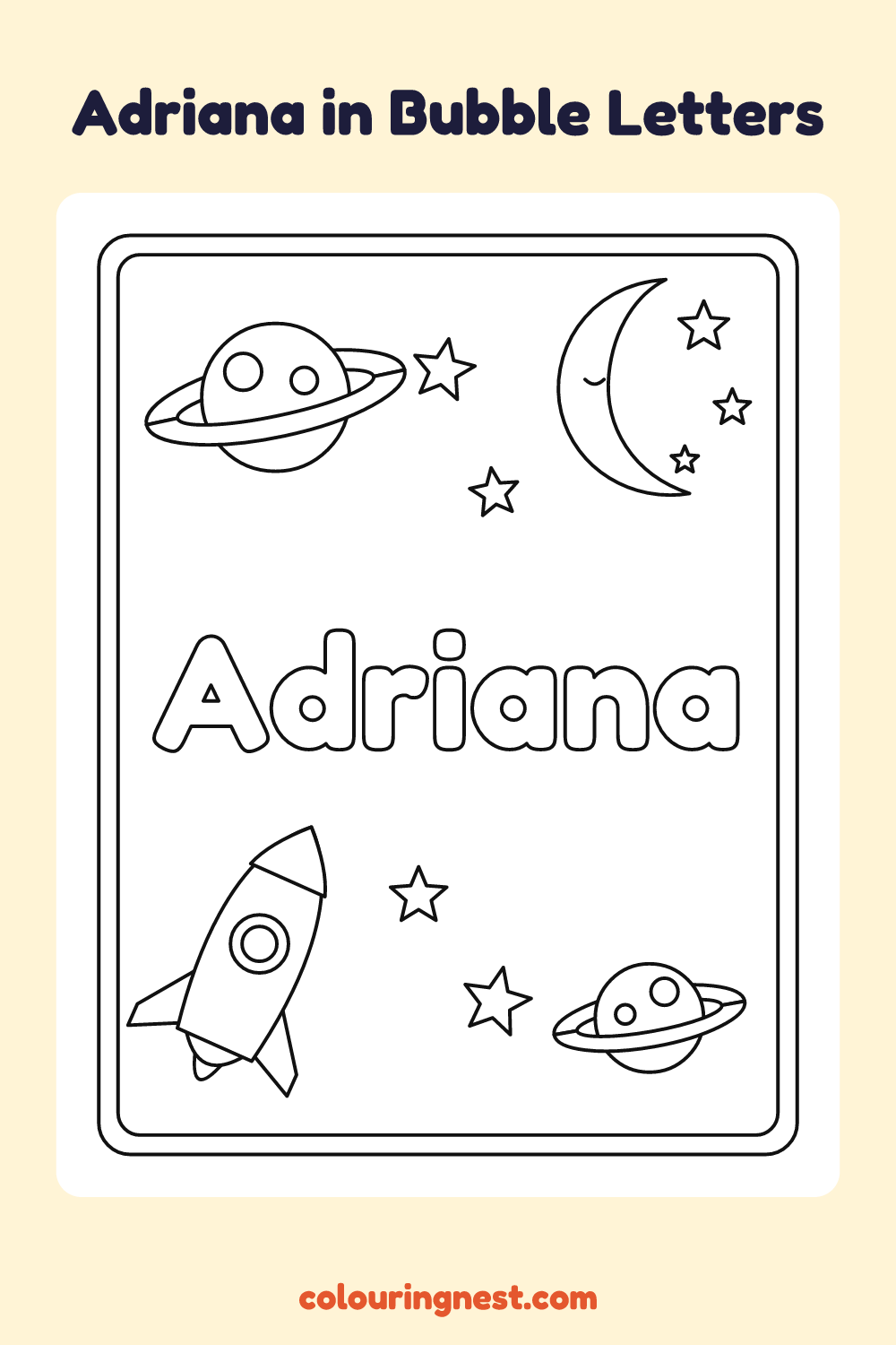 Adriana in Bubble Letters coloring page: free printable black-and-white line art