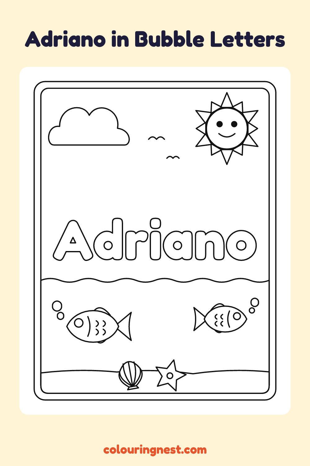Adriano in Bubble Letters coloring page: free printable black-and-white line art