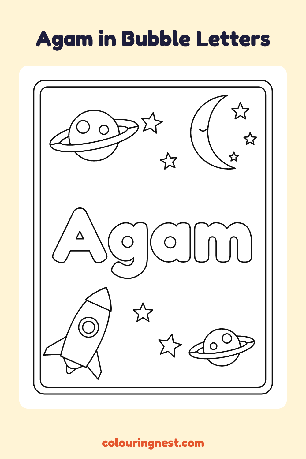 Agam in Bubble Letters coloring page: free printable black-and-white line art