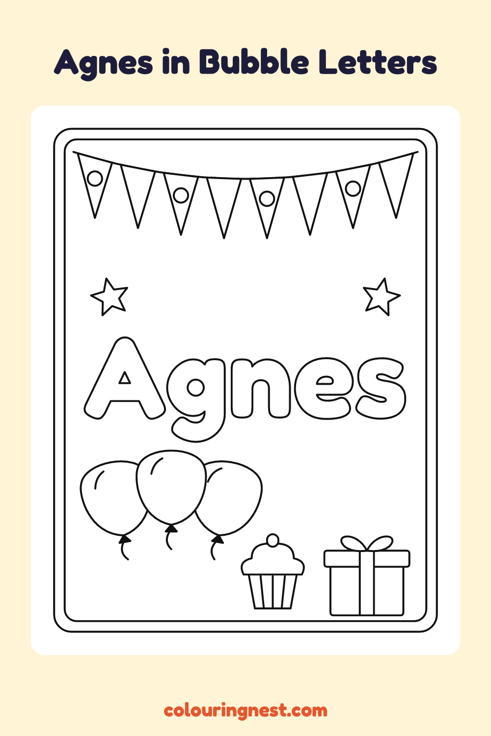 Agnes in Bubble Letters coloring page: free printable black-and-white line art