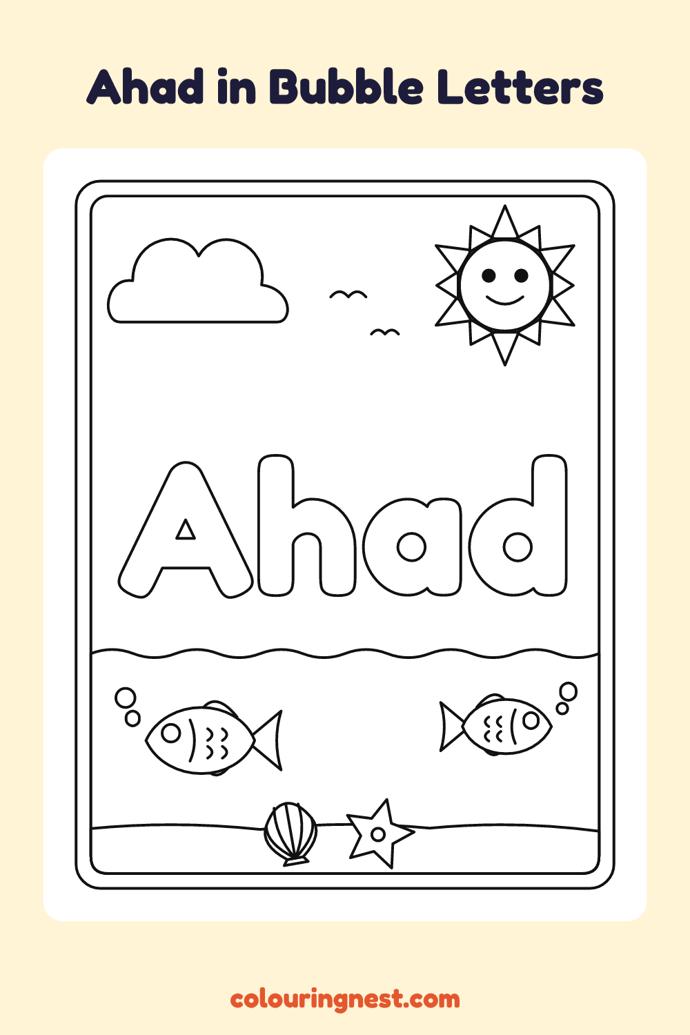 Ahad in Bubble Letters coloring page: free printable black-and-white line art