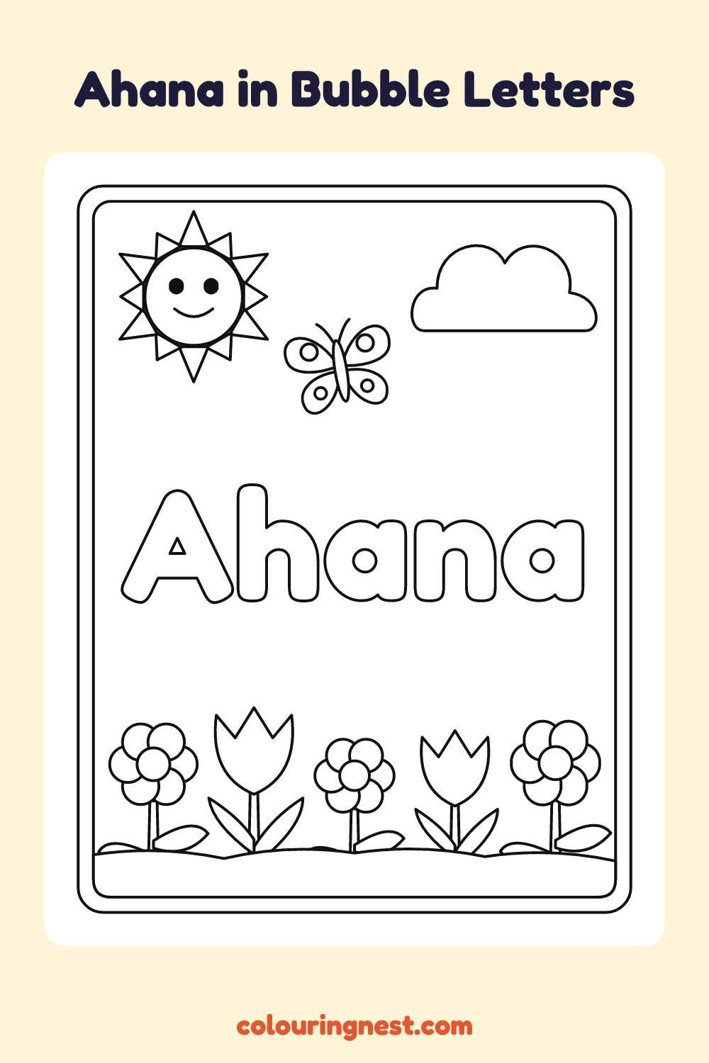 Ahana in Bubble Letters coloring page: free printable black-and-white line art