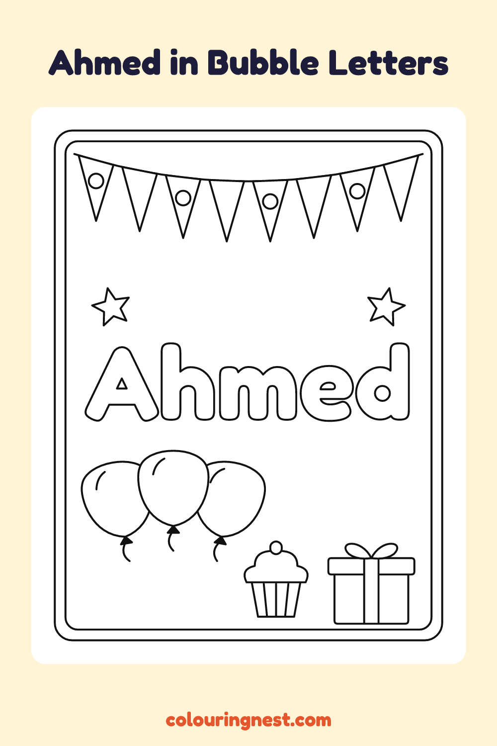 Ahmed in Bubble Letters coloring page: free printable black-and-white line art