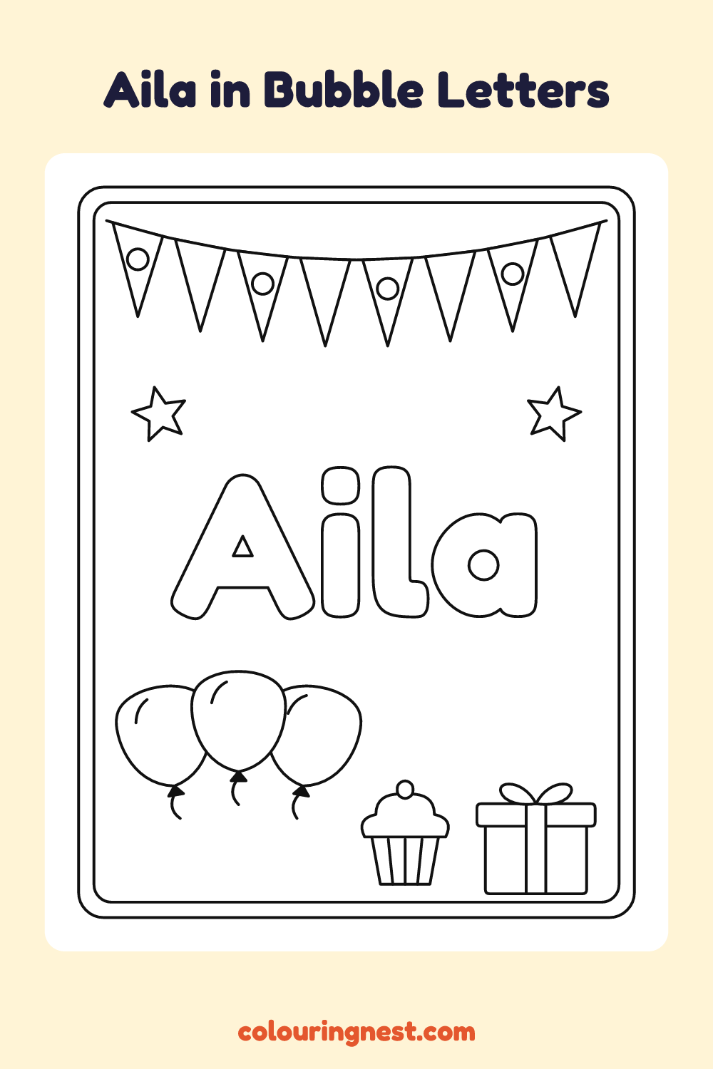Aila in Bubble Letters coloring page: free printable black-and-white line art